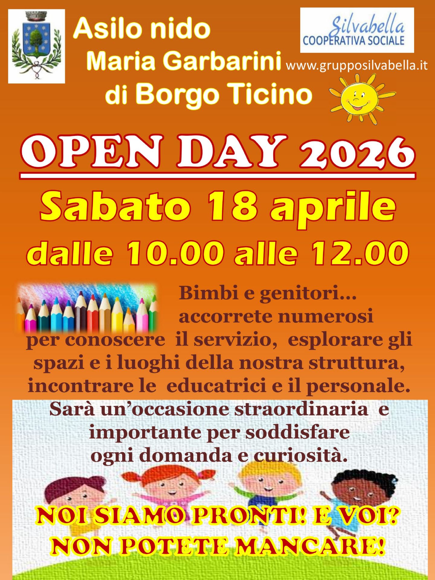 Sabato 18 aprile dalle 12 alle 14 si terrà un open day presso l'asilo nido comunale "Garbarini" per far conoscere l'importante servizio per l'infanzia presente sul territorio